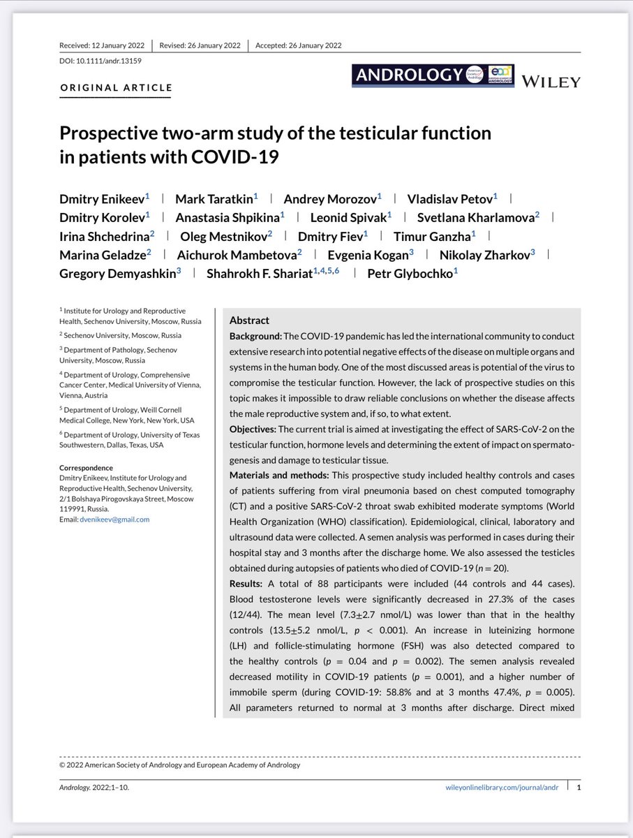 Dmitry Enikeev (@dmitry_enikeev) on Twitter photo Our article on testicular function in patients with COVID-19 is among Top downloaded in @AndrologyJ. pubmed.ncbi.nlm.nih.gov/35124885/#:~:t…).<a href="/AndreyOMorozov/">Andrey Morozov</a> <a href="/Leonid_Spivak/">Leonid Spivak</a> <a href="/A_Shpikina/">Anastasia Shpikina</a> <a href="/vs_petov/">Vladislav Petov</a> <a href="/marktaratkin/">Mark Taratkin</a> <a href="/DrShariat/">Shahrokh F. Shariat</a> Our article on testicular function in patients with COVID-19 is among Top downloaded in @AndrologyJ. pubmed.ncbi.nlm.nih.gov/35124885/#:~:t…).<a href="/AndreyOMorozov/">Andrey Morozov</a> <a href="/Leonid_Spivak/">Leonid Spivak</a> <a href="/A_Shpikina/">Anastasia Shpikina</a> <a href="/vs_petov/">Vladislav Petov</a> <a href="/marktaratkin/">Mark Taratkin</a> <a href="/DrShariat/">Shahrokh F. Shariat</a>