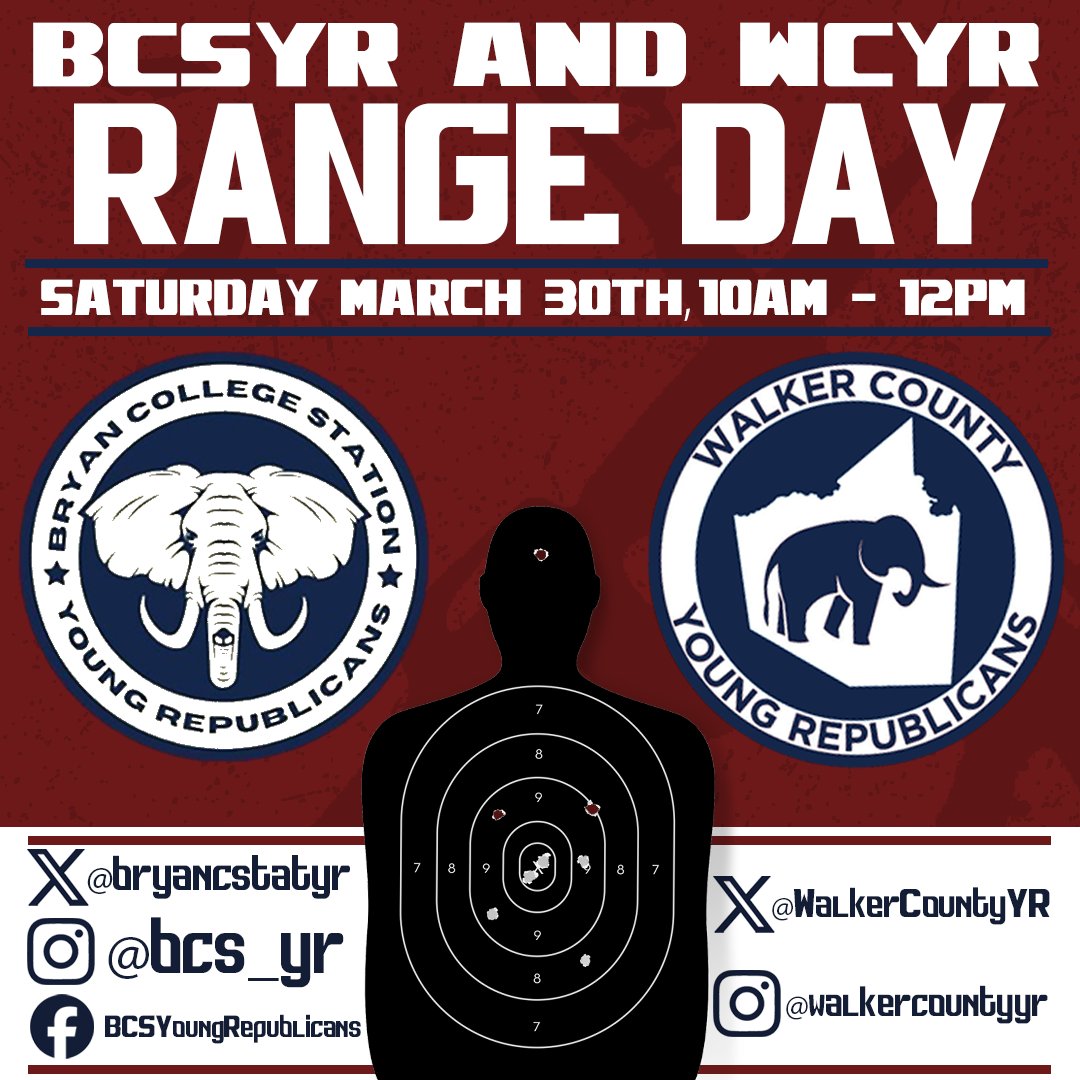 bryancstatyr's tweet photo. We're putting on a range day with the Walker County Young Republicans! This event is for members only, join your local Young Republican club for more details. 
Brazos sign up: https://t.co/5H1OThhlmA
Walker: @WalkerCountyYR https://t.co/wZMvSEb6Ef
