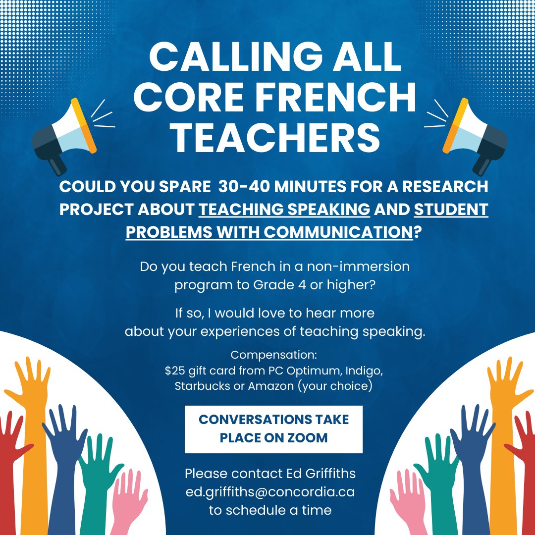 Do you teach 🇨🇦 Core French (or any non-immersion French) to Grade 4 or higher? If you could spare me half an hour on Zoom to talk about teaching speaking skills, I'd be so happy to hear from you. Details below. RTs gratefully appreciated too!