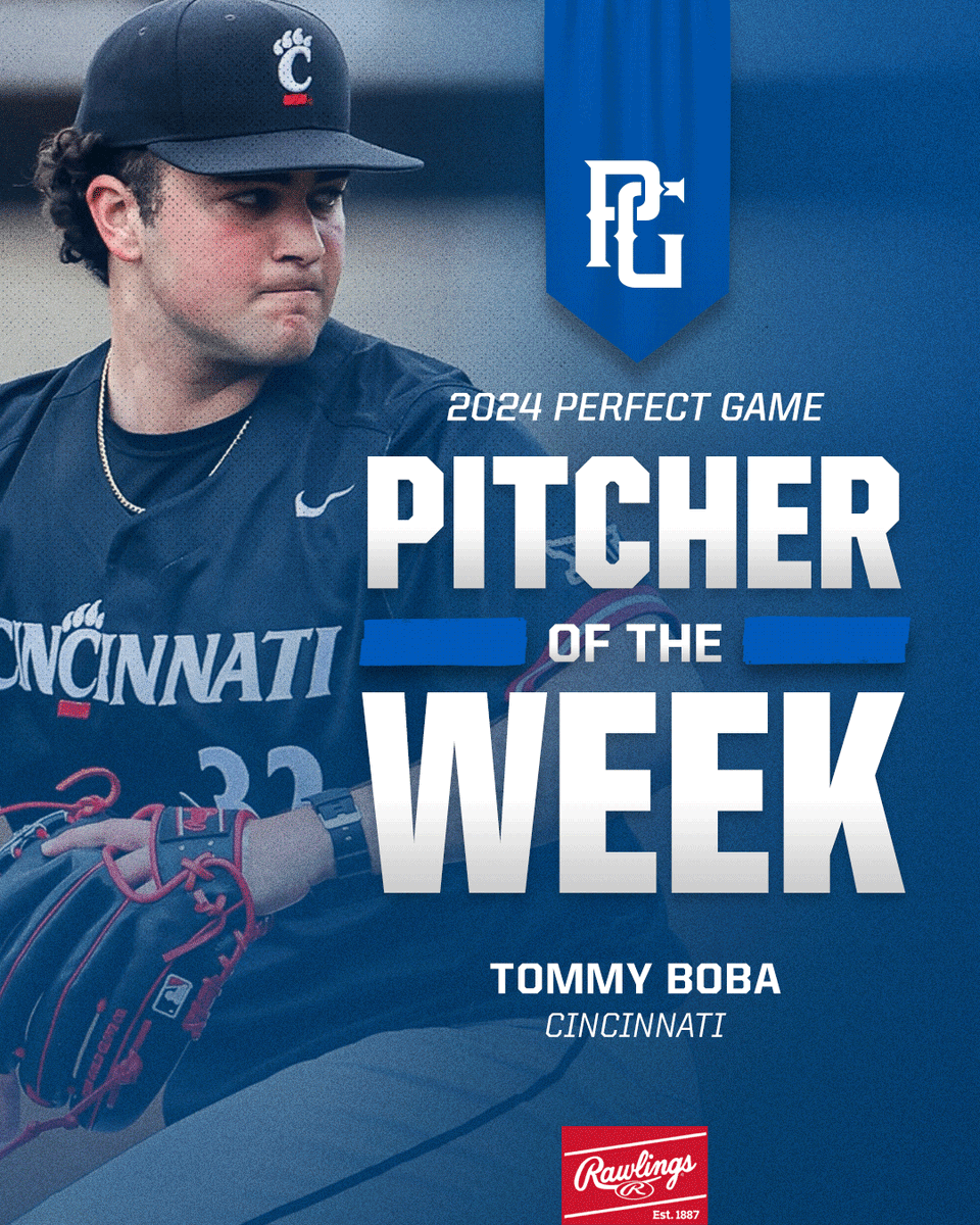 𝐏𝐆 𝐍𝐚𝐭𝐢𝐨𝐧𝐚𝐥 𝐏𝐢𝐭𝐜𝐡𝐞𝐫 𝐨𝐟 𝐭𝐡𝐞 𝐖𝐞𝐞𝐤 - Tommy Boba The @GoBearcatsBASE sophomore RHP dazzled in Saturday's 1-0 win over Kansas, coming just three outs short of a no-hitter! @Tboba_22 went 8.0 IP, allowing just 1 hit, no runs, 2 walks and 8 strike outs 🔥