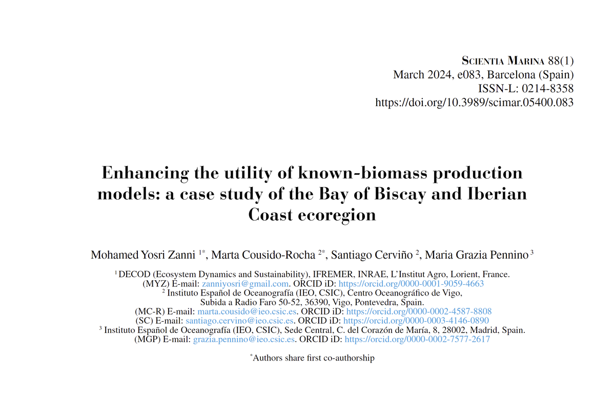 ¡Feliz de compartir nuestro último artículo 'Enhancing the utility of known-biomass production models: a case study of the Bay of Biscay and Iberian Coast ecoregion', en él mostramos el potencial de los modelos de producción de biomasa conocida! 🎊🎉🥳
📎 bit.ly/491IBxv