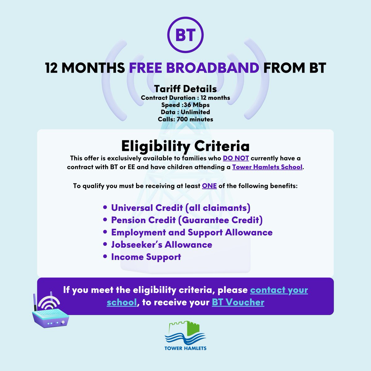 🛜 Great news for #TowerHamlets parents with school-aged children! 🛜 @bt_uk is offering 12 months of free broadband. Please share among your networks to spread the word to those that would benefit! #FreeWifi #SchoolSupport #DigitalSupport