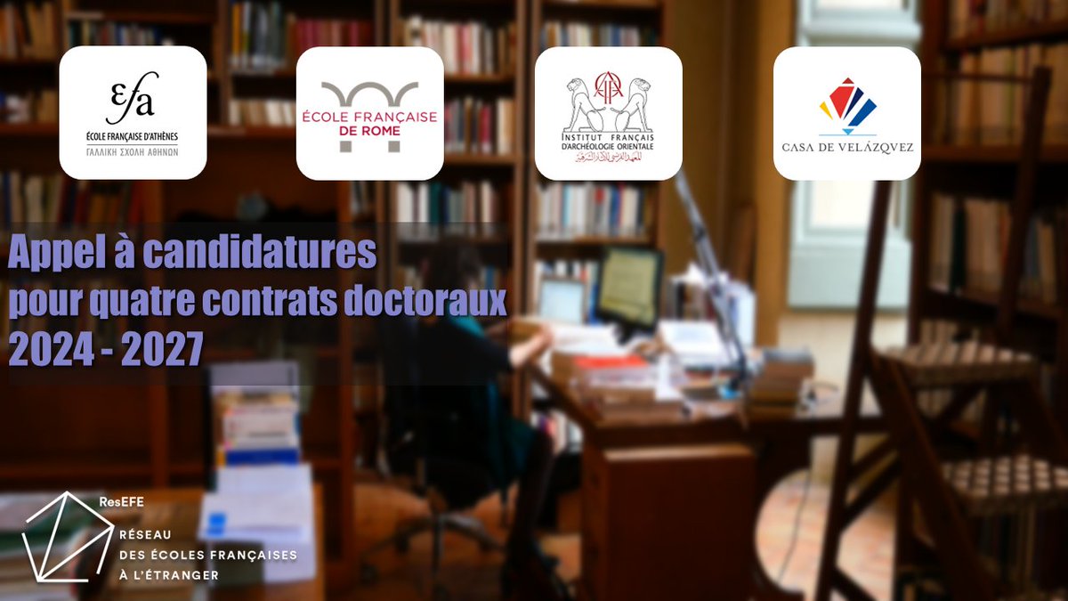 🆙📣 L'#appel à candidatures pour 4 CONTRATS DOCTORAUX @sup_recherche vers le @reseau_EFE 2024-2027 est ouvert jusqu'au 5 mai 2024 ! ✨ Candidater à la Casa de Velázquez 🔗 casadevelazquez.org/news/contrats-… ✨Candidater à @ef_rome, @efathenes, @ifaocaire 🔗resefe.fr/fr/node/6381