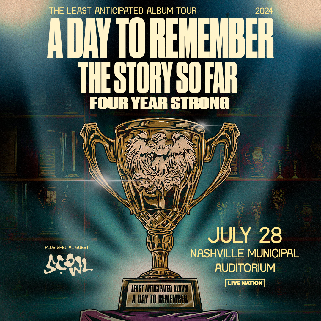 A Day To Remember will be bringing their The Least Anticipated Album Tour, with special guests The Story So Far, Four Year Strong, & Scowl to the Municipal Auditorium on Sun, July 28, 2024! Tickets go ON SALE Fri, March 22 at 10AM CST. For more info, link our bio!