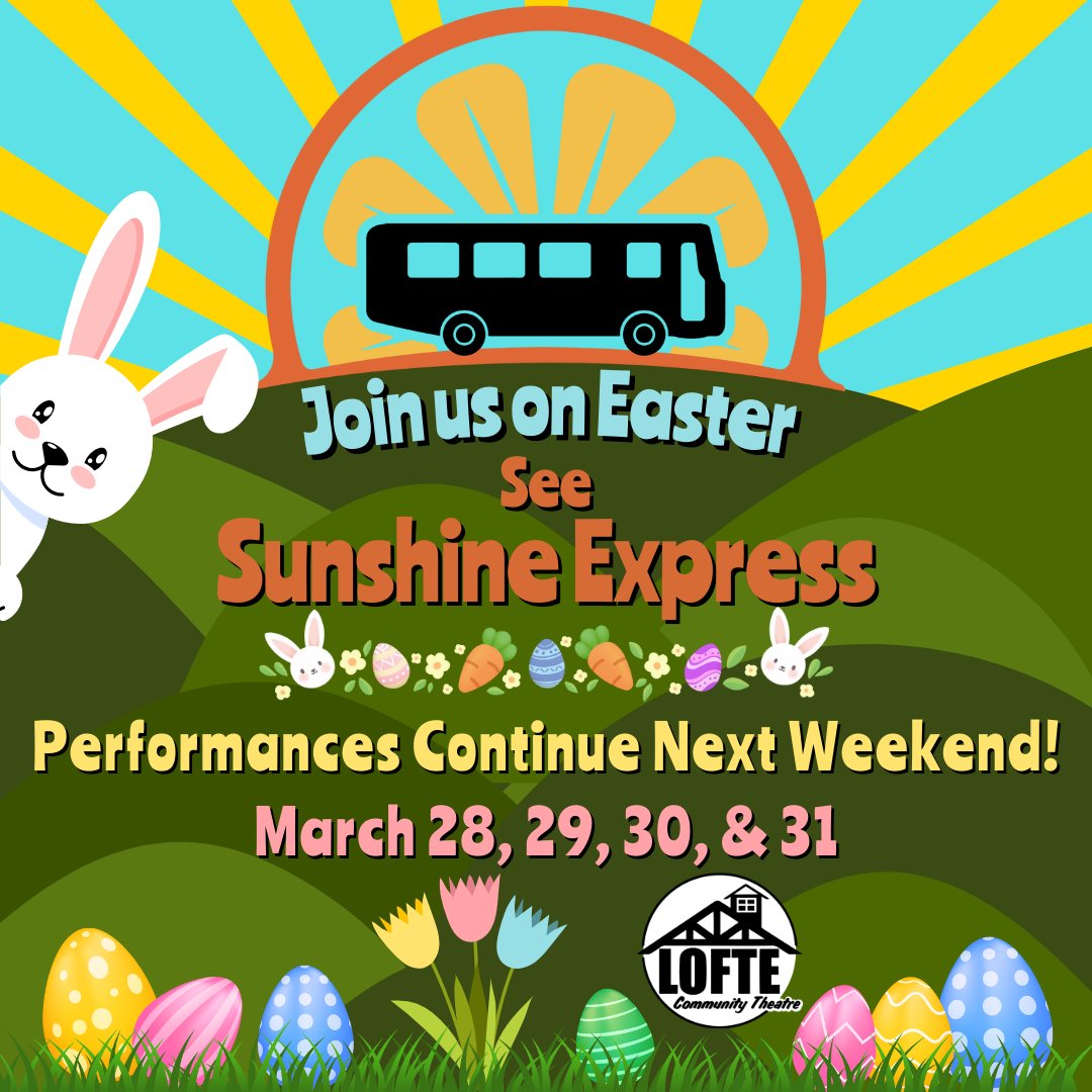 TheLofte's tweet image. Performances of Sunshine Express will continue this weekend! Join us on March, 28, 29, 30, or 31 - Easter Sunday. Bring the whole family out for a fun afternoon of theatre, and even enjoy Lunch or Dinner at our Concession Stand!
Tickets: lofte.org/tickets or 402-234-2553