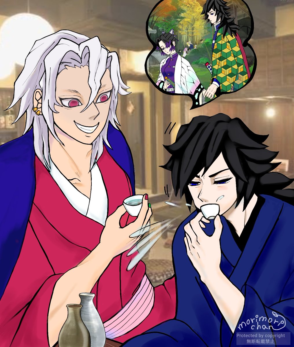 morimoricafe's tweet photo. 「んで？あれから胡蝶とはどうなったんだ？」
「どうとは何だ」
「まさか俺達の前であんなド派手に立ち回った割にまだ何もしてねぇのか？」
「何をだ…(見られて居たのか)」
「決まってんだろ？👩‍❤‍💋‍👨だよ！！」
ブーーッ！！🍶
「ﾁｯ 情ねぇ👨だぜ」
「…すまない」

＃ぎゆしの
＃morimoricafe https://t.co/hv50j1L6wo