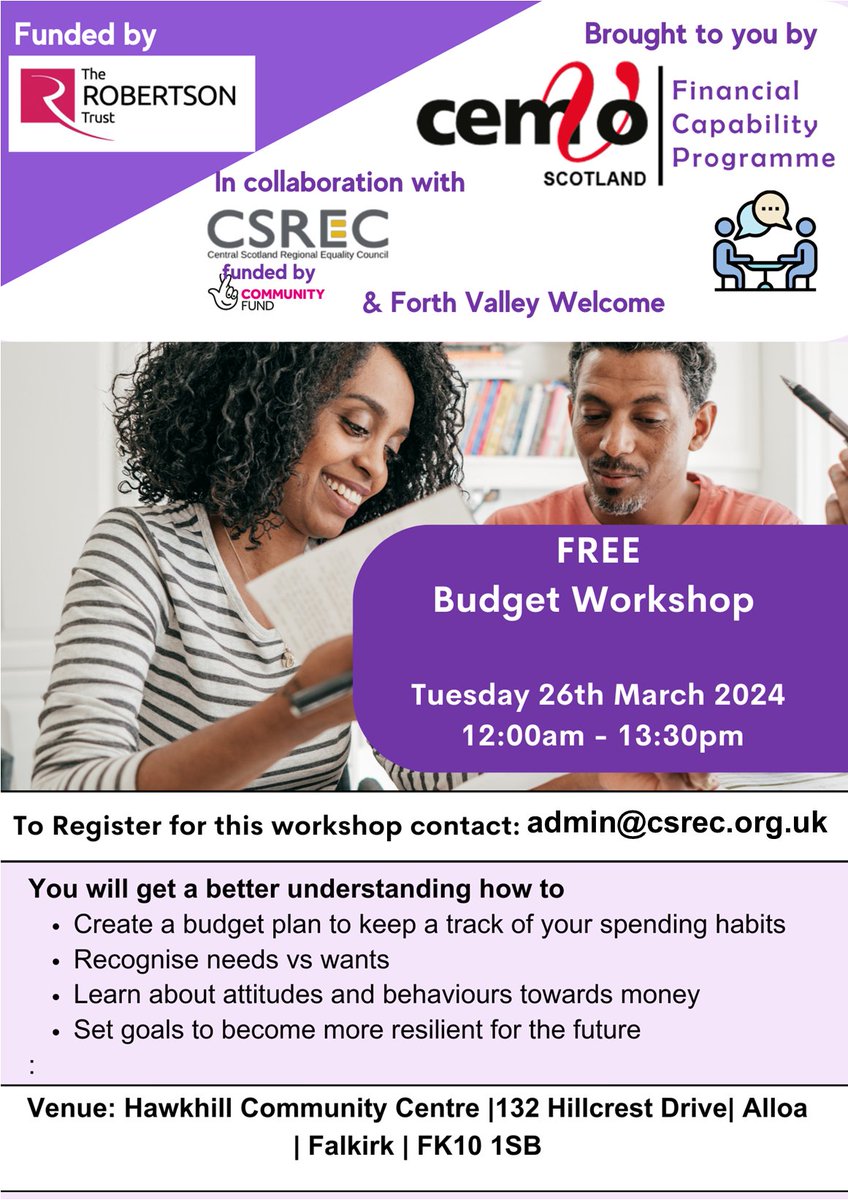 📌 Free Budgeting Workshop 📅 Tuesday 26th March ⏲️ 12:00noon - 1:30pm 📍 Hawkhill Community Centre Alloa To register, email admin@csrec.org.uk