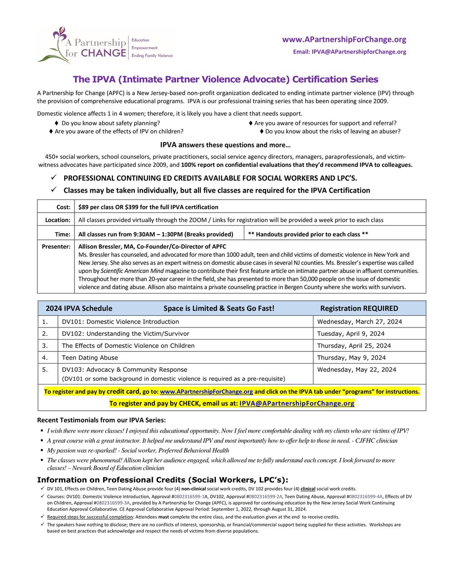 Now is the time for professionals to register for the @apfcnj Intimate Partner Violence Advocate Certification series. apartnershipforchange.org/programs/ipva