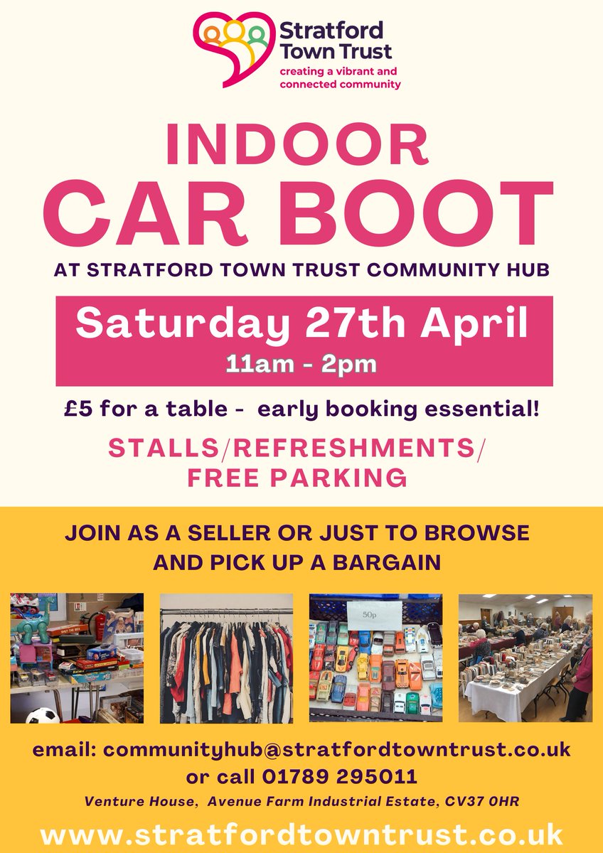 Having a spring clean? Then book a table at our Indoor Car Boot Sale! Clear the clutter, recycle, make some cash or grab a bargain! Stalls cost £5 and must be booked in advance. Free entry for browsers and buyers! stratfordtowntrust.co.uk/indoor-car-boo…