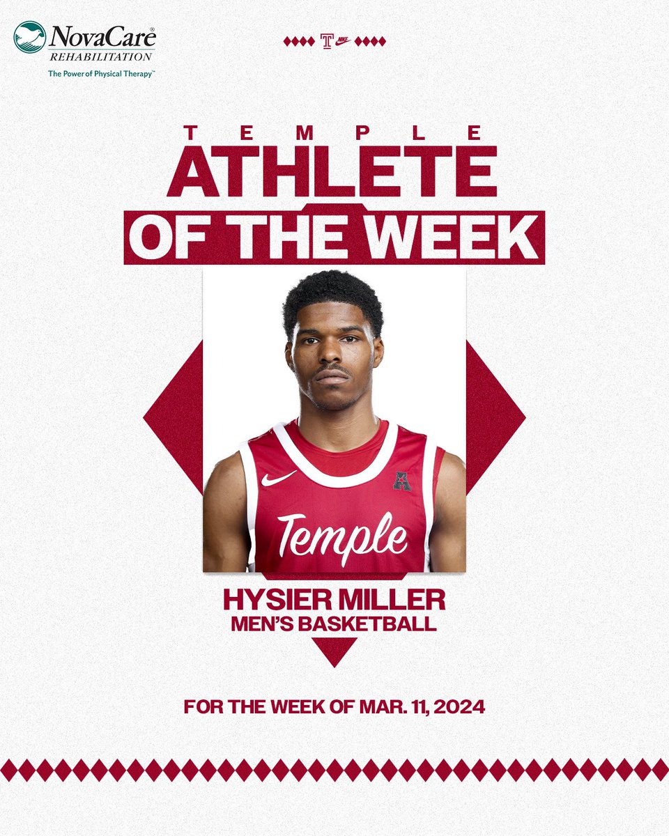 Congrats to Hysier Miller on winning Temple Athlete of the Week!! Miller averaged 19.2 points, 4.6 assists, 4.2 rebounds and 3.1 steals per game as the Owls made a run to the AAC finals! He set tournament records for points (96) assists (23) and steals (16). Congrats Hysier!