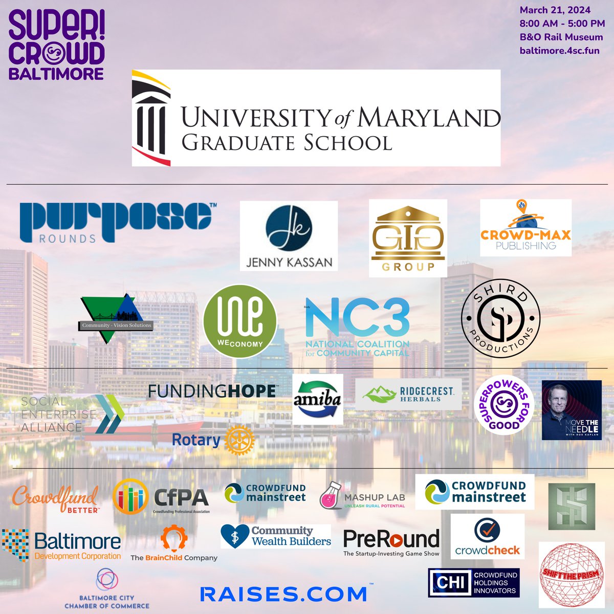 We extend our heartfelt gratitude to our esteemed sponsors and co-hosts for their unwavering support of #SuperCrowdBaltimore!  

Your generous support is instrumental in making SuperCrowdBaltimore a success! Join us on March 21st at the B&O Railroad Museum.