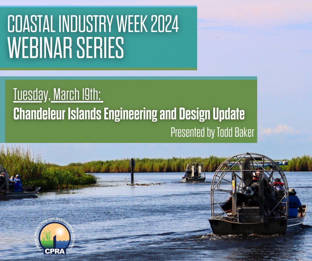 Coming up on today's Coastal Webinar Series🌊🌱: An update on the engineering and design of the Chandeleur Islands presented by CPRA Project Manager Todd Baker. You don't want to miss this one! Tune in at 12:00pm here: loom.ly/zAuiEd