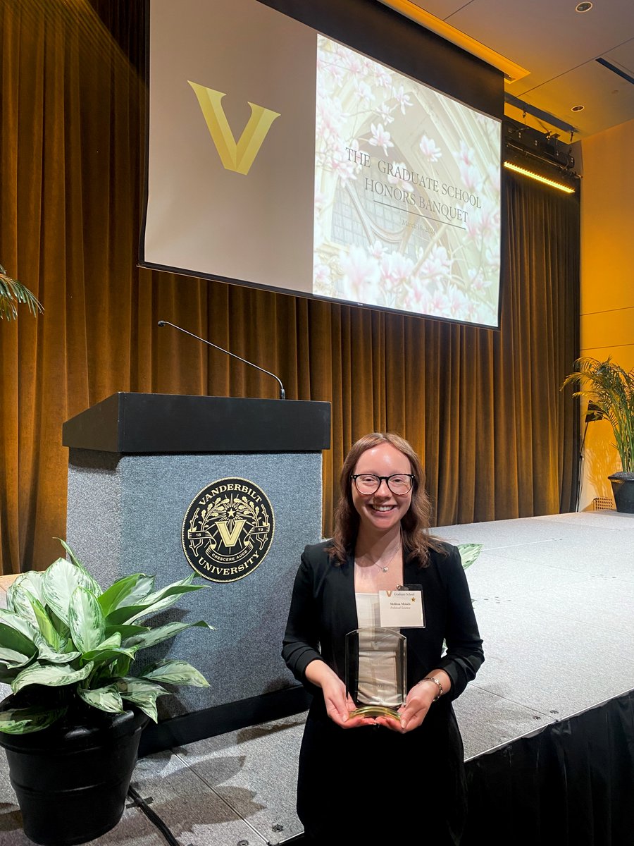 @VandyPoliSci congratulates doctoral candidate @mellissameisels on receiving the Outstanding Doctoral Student Award & the @VU_Provost Pathbreaking Discovery Award from @VUGradSchool at yesterday's Graduate School Honors Banquet! We are very proud of you & your accomplishments!