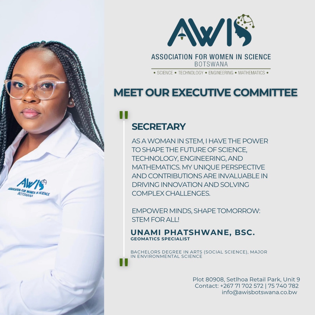 AwisBw27165's tweet photo. Introducing the Executive Committee of AWIS-BW🇧🇼🍃

Introducing Unami Phatshwane, the Secretary of AWIS Botswana.

The passion that Unami exhibits for women in STEM is evident in all her endeavors.
We are proud to have Unami as our Madam Secretary and grateful for her dedication. https://t.co/KDvTrgwICw