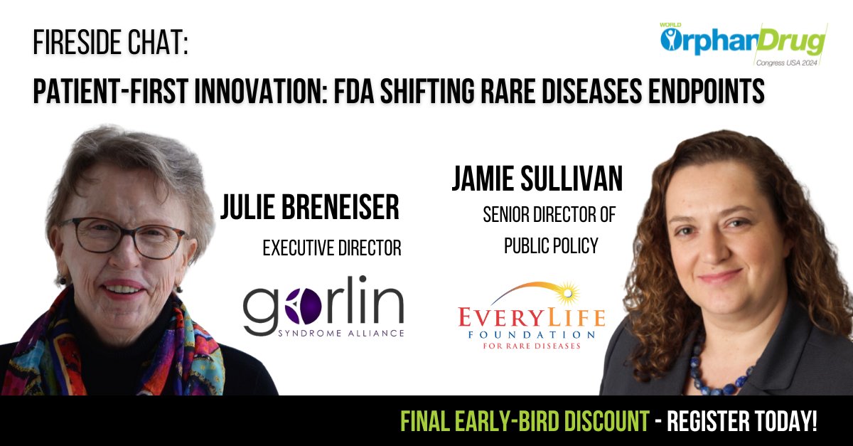 Fireside Chat highlight: 'Patient-first innovation: FDA shifting rare diseases endpoints' with: Julie Breneiser, Executive Director, Gorlin Syndrome Alliance Jamie Sullivan, Senior Director of Public Policy, @EveryLifeOrg Register for #WorldOrphanUSA 👉 tinyurl.com/ytf27dud