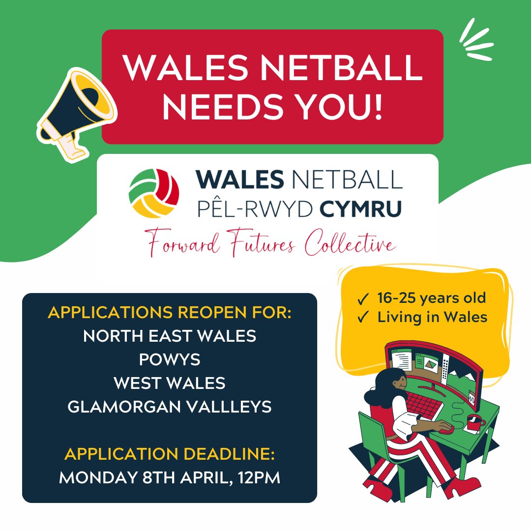 Applications reopen for our Forward Futures Collective, for 16 - 25 year old netballers living in North East Wales, Powys, West Wales & Glamorgan Valleys. Head to the 'Vacancies' page on our website or click to the link below, to find out more. walesnetball.com/ngb-news/wales…