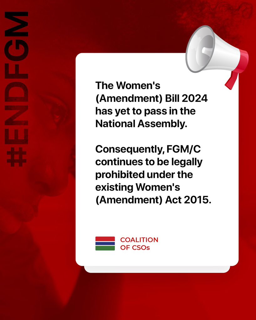 Stand Together: Protect Girls and Women in The Gambia!
The Women's (Amendment) Bill 2024 is yet to be  passed at the National Assembly. 
 Let's ensure this legislation is strengthened to better protect the rights and well-being of girls and women.
#EndFGM
 #EndFGM220
 #endfgmnow