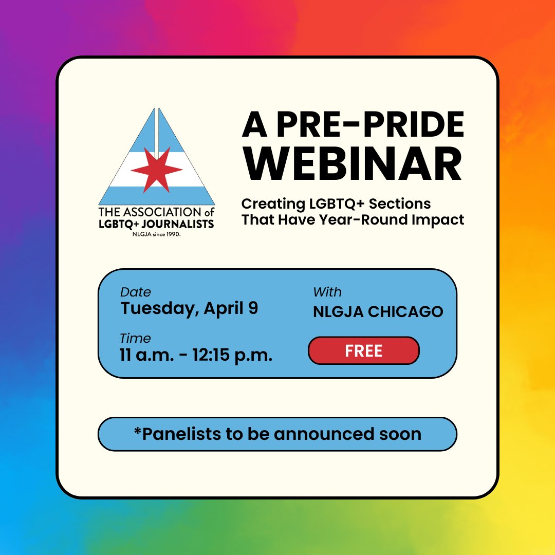 Need help brainstorming for your newsroom's Pride Month section? 🌈

Join <a href="/NLGJAchi/">NLGJA Chicago</a> for this April 9 webinar with local journalists who have led LGBTQ+ coverage in their newsrooms to hear how they've done it.

RSVP: eventbrite.com/e/861832222377…