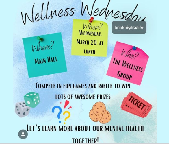 Tomorrow at lunch our wellness group is teaming with WECHU to bring you wellness Wednesday. Students are encouraged to stop by the tables in front of the auditorium to check out the activities and maybe walk away with a prize or two.