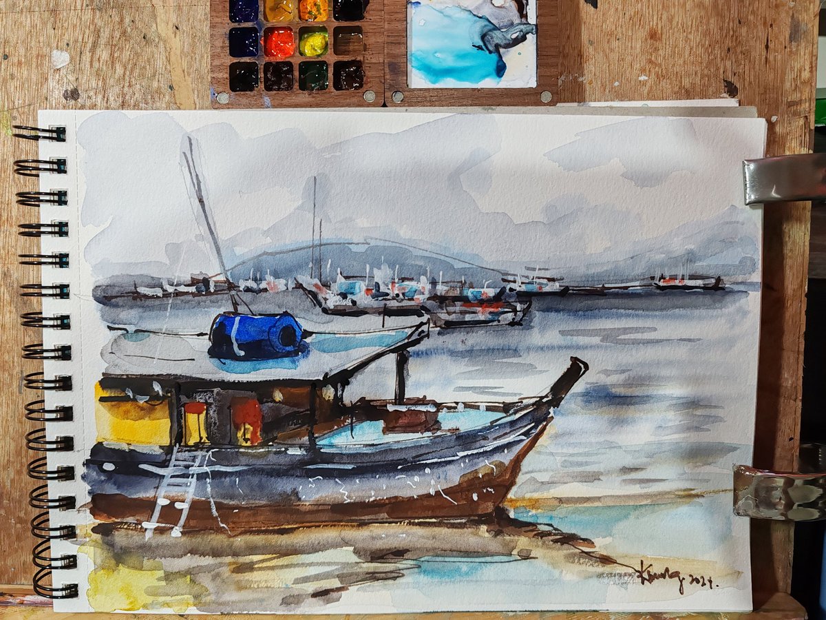 kong46's tweet photo. The fishing boat is a familiar sight in the harbor, a haven for weathered hands and salty stories. The warm colors of the watercolour wash evoke a sense of comfort and nostalgia, while the gentle waves suggest a sense of peace. https://t.co/LxvQ10AGRZ
