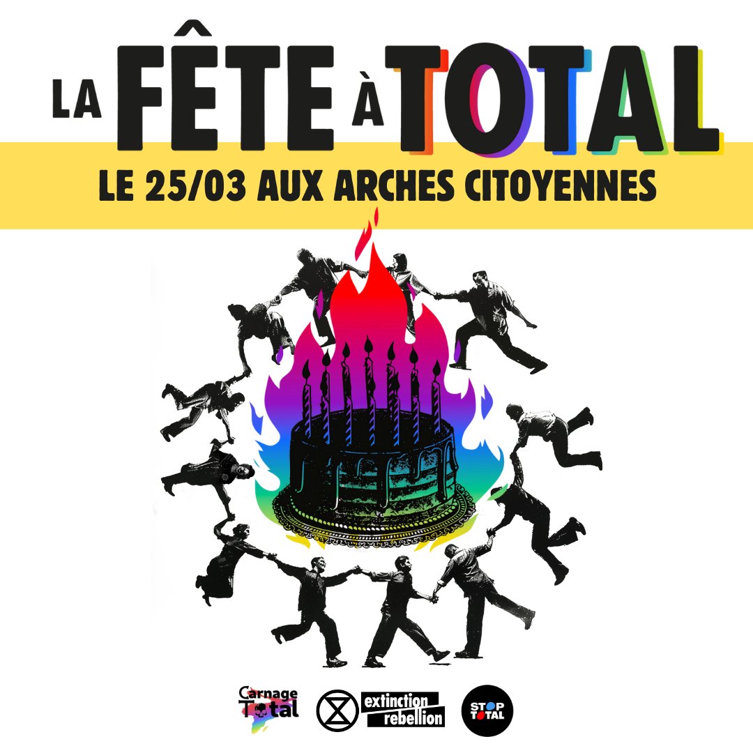 🔥LA FÊTE À TOTAL 🔥

📅 RDV le 25 mars à partir de 17h aux Arches Citoyennes (Paris 4) pour une soirée en 2 parties !

📣 Ça y est on vous dévoile le programme 👇🏼

@xrParisIDF #StopTotal #StopEACOP #StopFossilFuels #Total100ans #LaFeteATotal