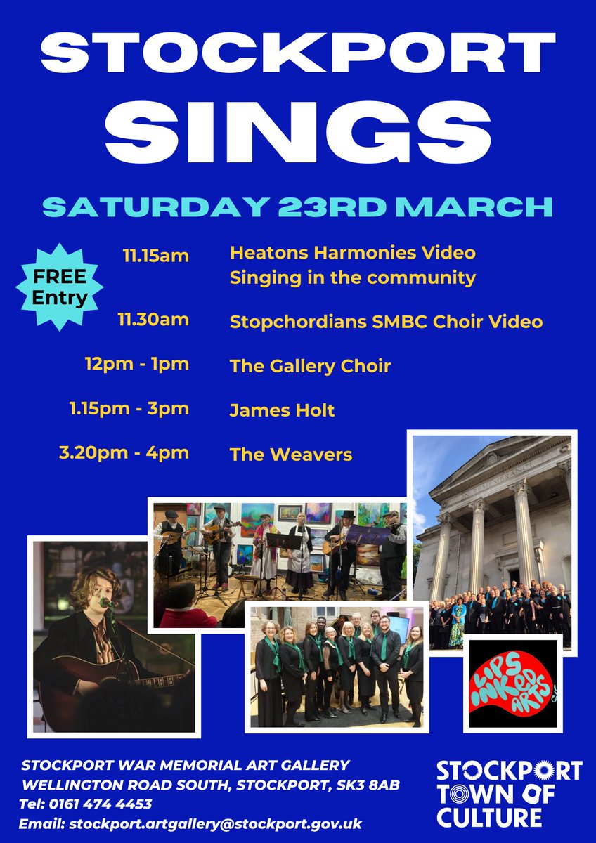Join us on Sat 23rd March  to hear Stockport in full voice! Drop in with FREE Entry.
11.15am Heatons Harmonies Video -  from Lips Inked Arts
11.30am  Stopchordians SMBC Choir Video
12pm  The Gallery Choir 
1.15pm  James Holt
3.20pm  The Weavers

<a href="/SKTownOfCulture/">Stockport Town Of Culture</a> 
#StockportSings