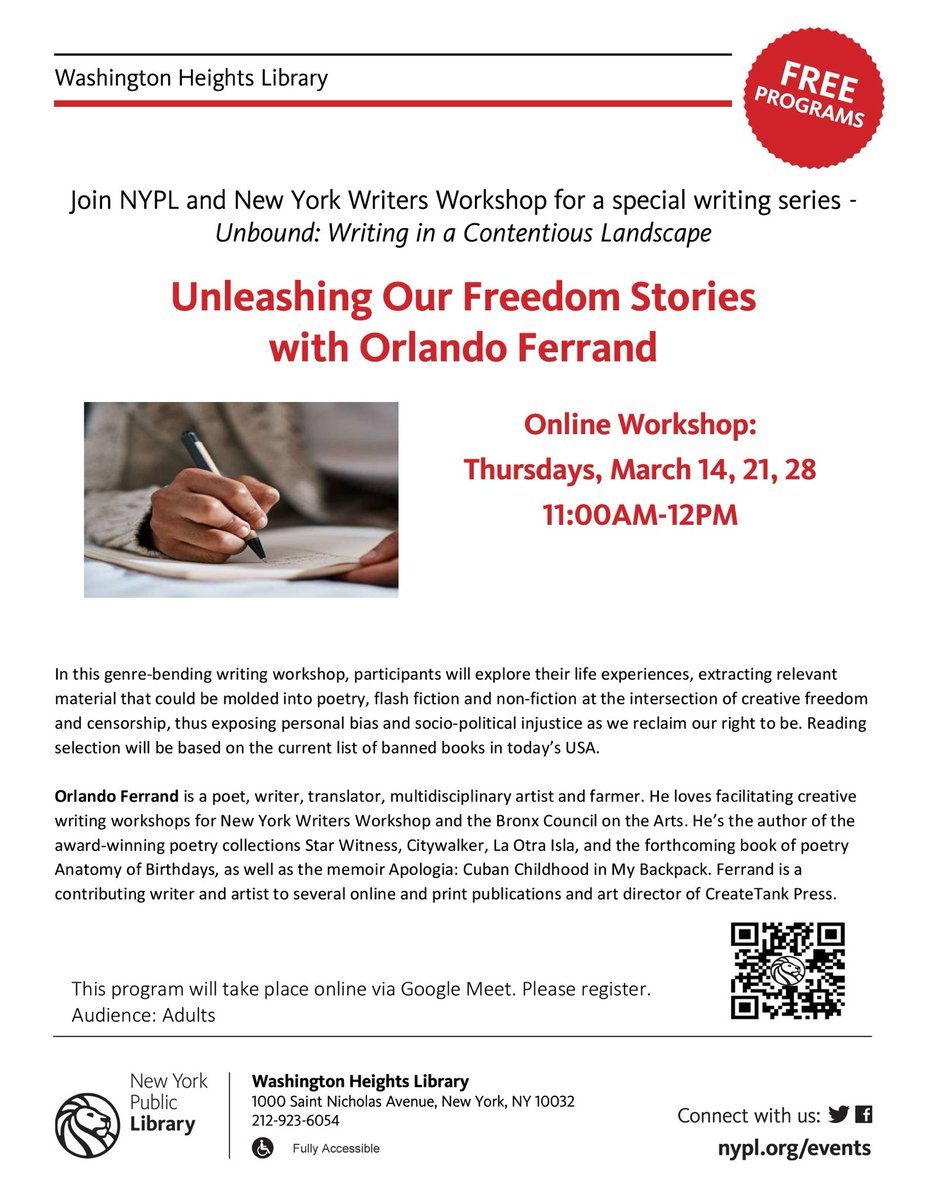 orlandoferrand's tweet photo. In this genre-bending writing workshop, participants will explore their life experiences, extracting relevant material that could be molded into poetry, flash fiction and non-fiction at the intersection of creative freedom and censorship as we reclaim our right to be. https://t.co/IWDZo13RmO
