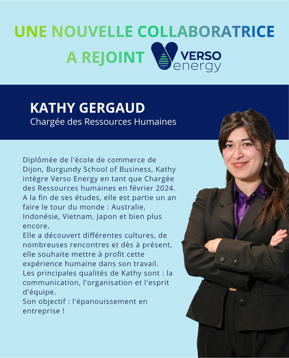 [👋 Une nouvelle collaboratrice chez Verso Energy ⚡]

✨ Kathy Gergaud a rejoint l’équipe de Verso Energy en tant que Chargée des Ressources Humaines !

Bienvenue Kathy chez Verso Energy ! 🥳

#new #hydrogène #RH #transitionénergétique #carbonzero #enr