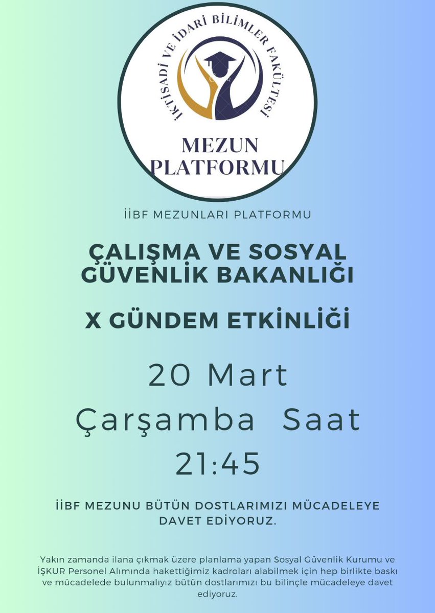PlaformIIBF's tweet photo. ETKİNLİK DUYURUSU❗

Kıymetli arkadaşlar yarın hep birlikte sahaya inip mücadele etme zamanı, hakettiğimiz kadroları almak, yıllardır süren mağduriyetimizi sonlandırmak ve sesimizi gür bi şekilde duyurmak için; 
Bütün İİBF Mezunu dostlarımızı etkinliğe davet ediyoruz. https://t.co/tI96Ruv3oN