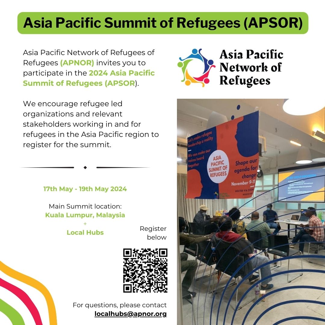 APNORefugees's tweet photo. Big News! Join us at the 2024 Asia Pacific Summit of Refugees (#APSOR). Register now for a chance to network, discuss #solutions, #advocate and #collaborate.

🗓️ May 17th-19th 📍 Kuala Lumpur, Malaysia + Local Hubs
Register here: https://t.co/vvx9rRPxuT
#Refugees #APSOR2024 https://t.co/FbxG2IoHiI