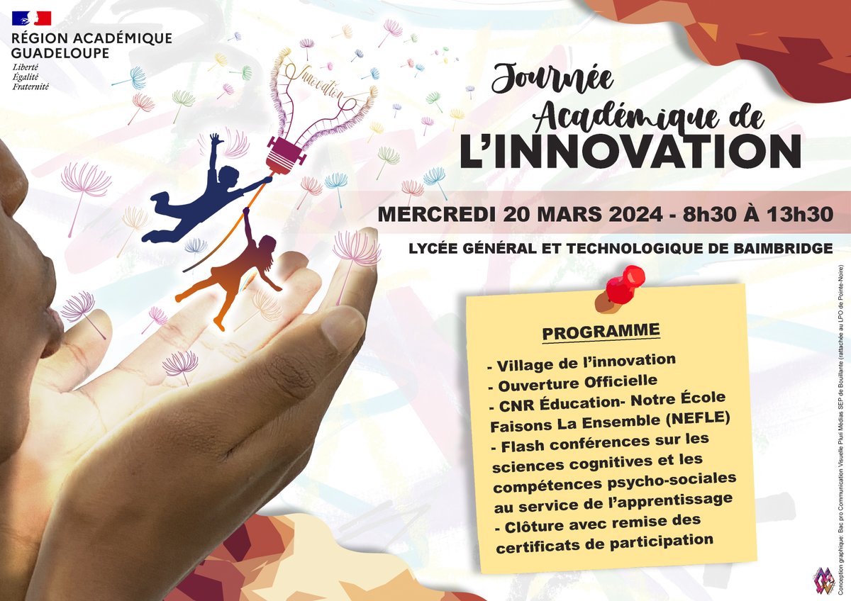 📣Rendez-vous à la Journée de l'#Innovation ce 20 mars dès 8h30 au <a href="/LgtBaimbridge/">LGT Baimbridge</a> !
💡Venez rencontrer les élèves et les porteurs de projets sur le "Village de l'innovation", participer aux flash-conférences et aux présentations des actions #cnrEducation et du "Lakou La'b" !