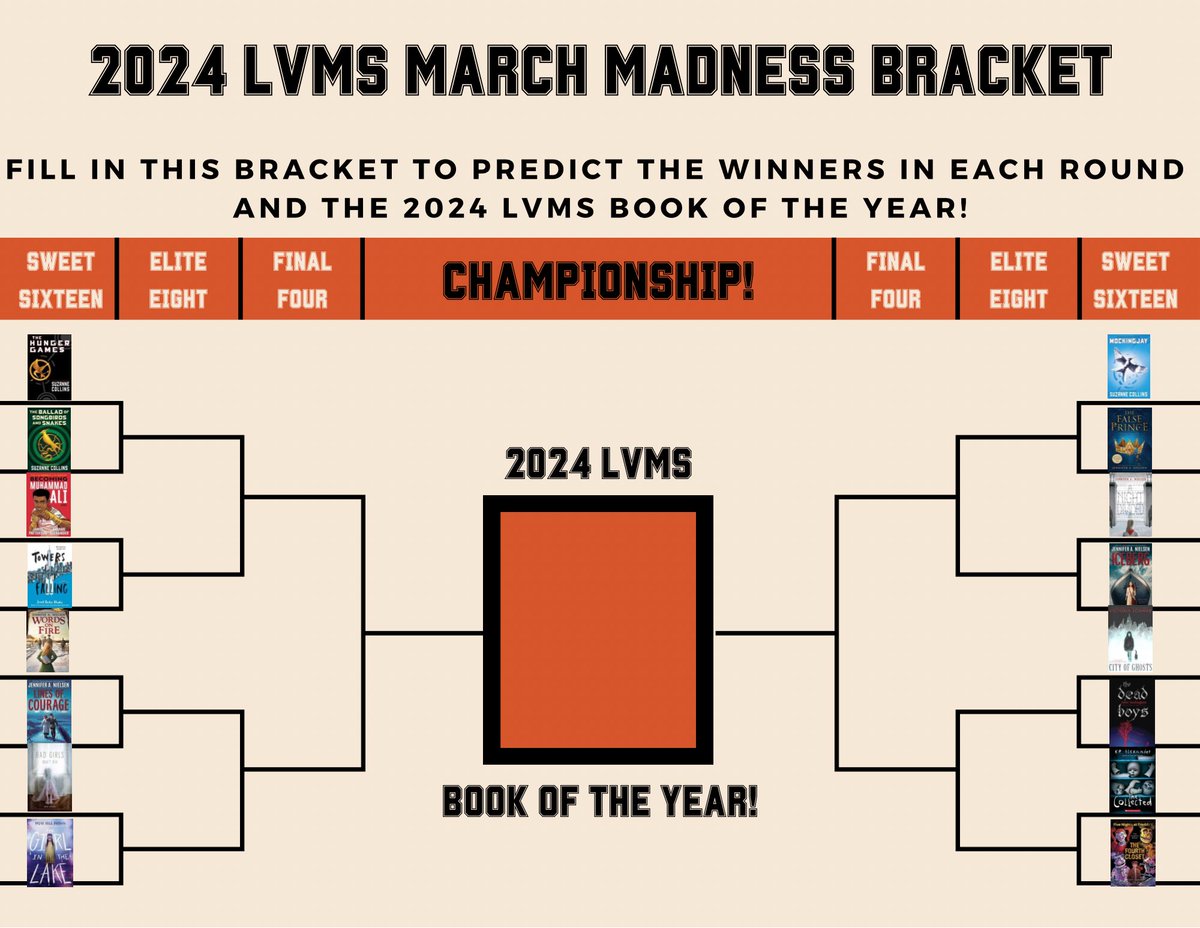 Our brackets have been completed, and we are ready to start our 2024 @lakeviewms #MarchBookMadness Voting! Go to tinyurl.com/24lvmsmadnessv… each day to cast your votes! Today & tomorrow we’re voting to see who moves on to the Elite 8! 🖤💛📚 #LVMSReads #LISDLib #leavealeopardprint🐾