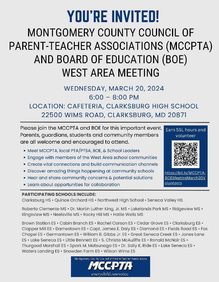 NWHSPTSA's tweet image. You’re invited to the MCCPTA and BOE West Area Meeting on Wednesday, 3/20! Northwest PTSA and administration will be in attendance! See flier for details. 🐾
@mocoboe @MCC_PTA @NorthwestJags