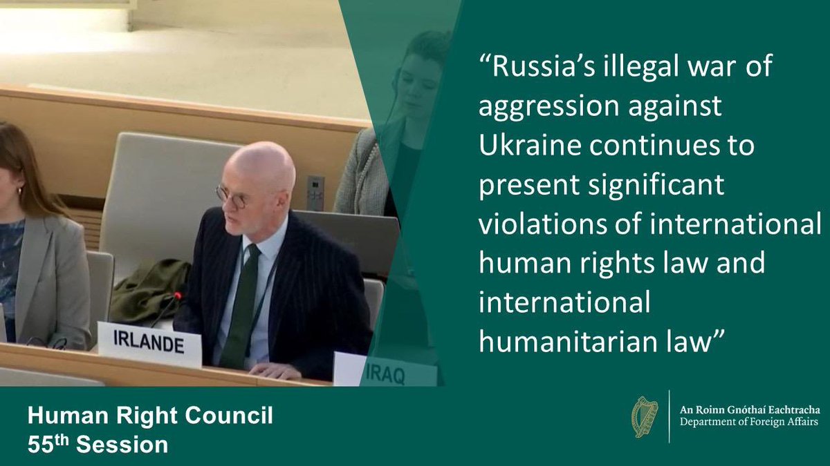 At #HRC55 today, @IEAmbUNGeneva 🔹condemned Russia’s illegal war of aggression against Ukraine 🔹commended the work of the #CommissionofInquiry in investigating all violations of international human rights law