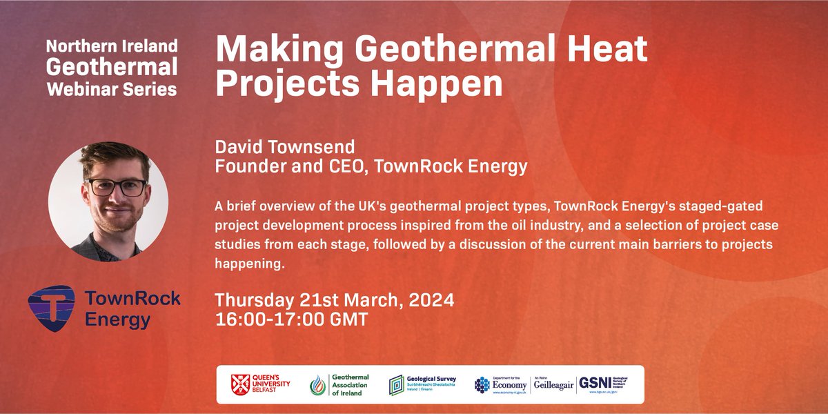 Our next geothermal webinar is “Making Geothermal Heat Projects Happen”. Register via the Eventbrite link below: 🔊 David Townsend, TownRock Energy 📅 Thursday 21st March, 2024 🕓 16:00-17:00 GMT ➡ eventbrite.co.uk/e/856061652447 #Geothermal