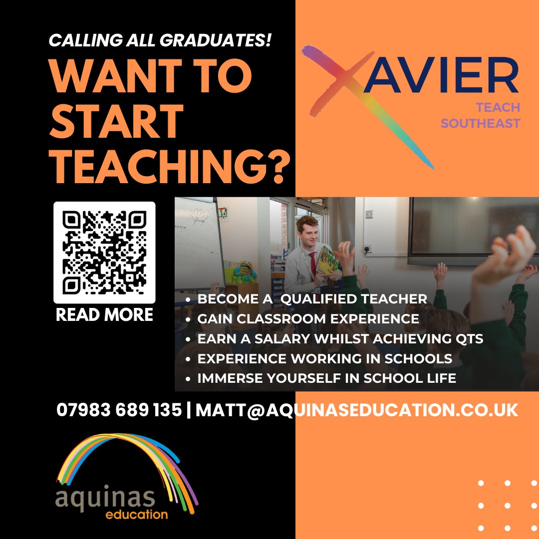 Are you a graduate who wants to start teaching? Our partnership with Xavier Teach Southeast offers a unique opportunity for graduates to train to teach in the UK across regional hubs in the south of England. If you'd like to hear more about this opportunity or to apply,