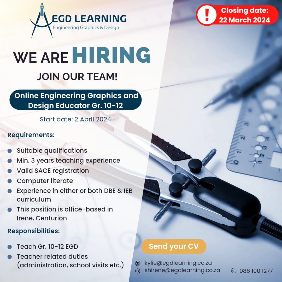 TTS_CandD's tweet photo. ℹ️We are #hiiring!

Calling all #EngineeringGraphics &amp; Design (#EGD) #Educators for Grade 10-12.

Submit your CV closing date for applications: 22 March 2024. https://t.co/G1UPRFlV6K