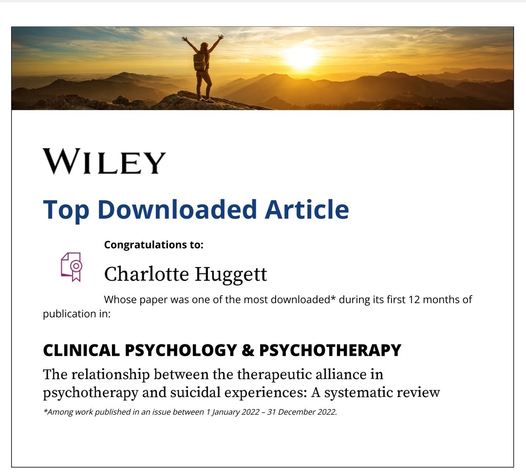 This is fantastic to see! Our review on the relationship between the therapeutic alliance and suicidal experiences in psychotherapy has 
received enough downloads to be a #TopDownloadedArticle in CPP 🥳 <a href="/daniellpratt/">Dan Pratt</a> <a href="/gillianhaddock/">Gillian</a> Trish Gooding &amp; Jody Q
onlinelibrary.wiley.com/doi/full/10.10…