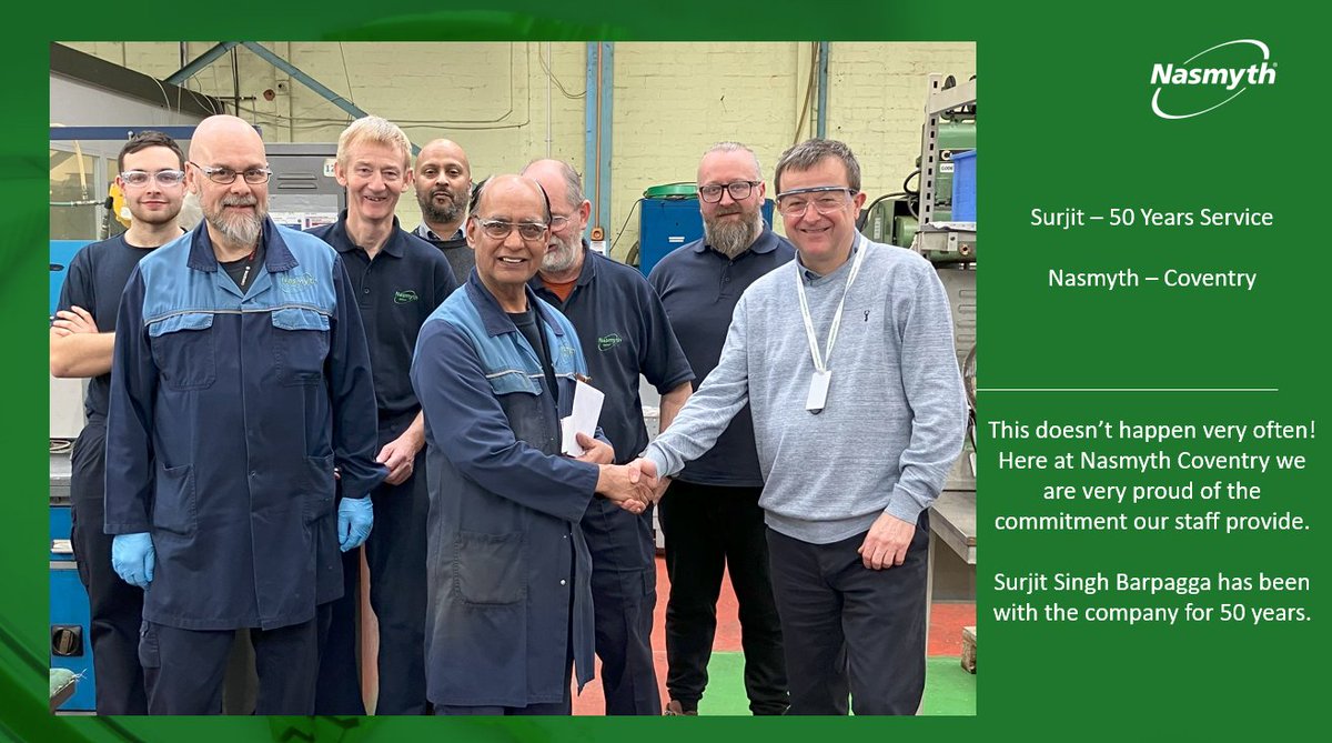 #TeamTuesday 🙌The commitment to complete 50 years in one role is pretty incredible. It definitely needed reward and recognition. Surjit pictured here receiving his award surrounded by his team. #Nasmyth #TeamWork #NasmythCoventry