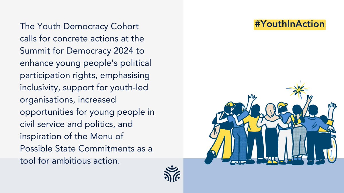 ClubdeMadrid's tweet photo. 🌍✨ At #SummitForDemocracy2024, 100 orgs call for actions to boost youth political participation. Themed "Democracy for Future Generations," it's vital to focus on young voices to ensure democracies are inclusive and representative. 🚀🗳️ 

Sign here: https://t.co/Fhp0tfcwUM https://t.co/sZsD9sxZH2