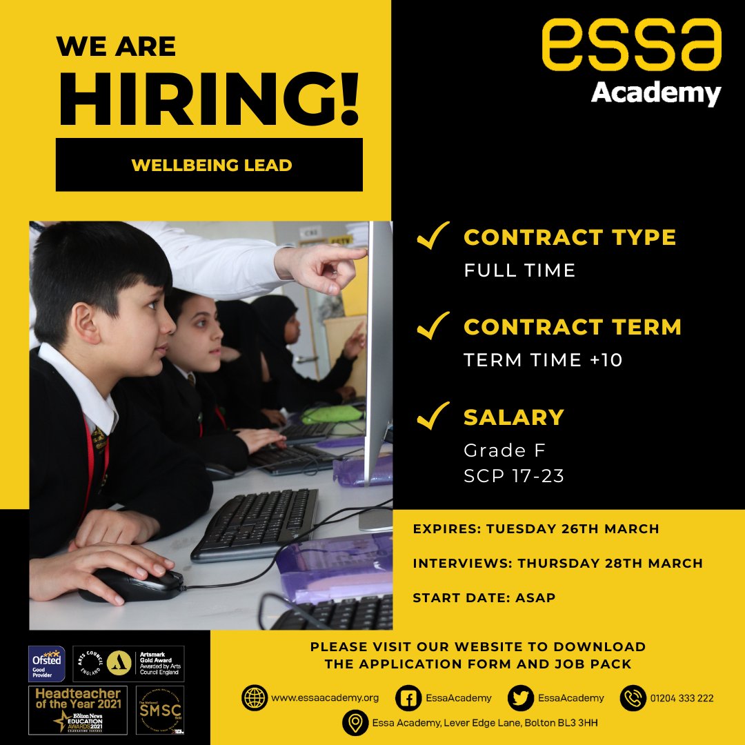 We are currently hiring for a Wellbeing Lead who can start as soon as possible. For more information please visit our website: essaacademy.org/vacancies