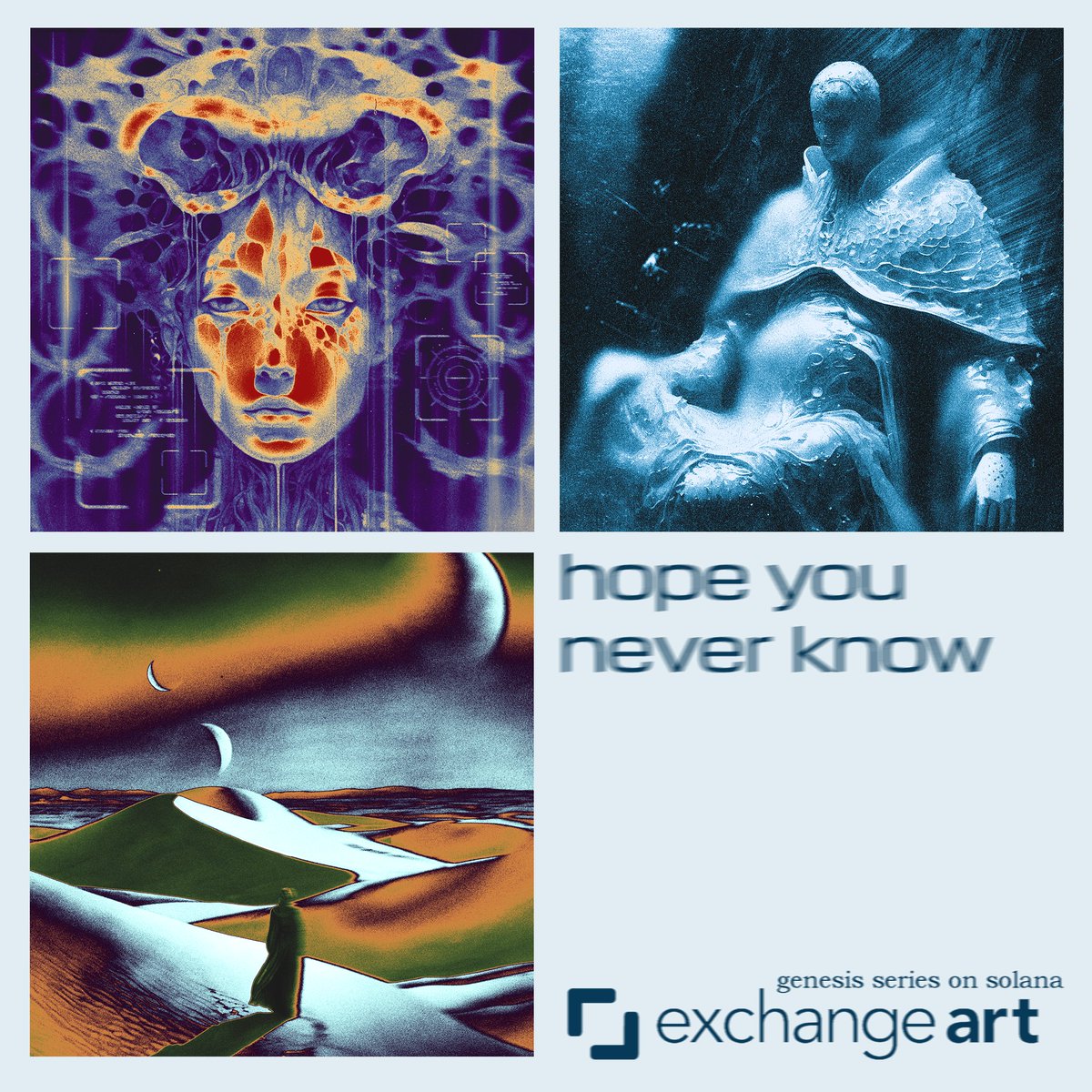 I continue to expand the boundaries of my new style by mixing artificial intelligence, my hands and my mind.

Glad to present you my genesis sol series. "hope you never know". 1/1 and editions.

🪐 ↓↓↓