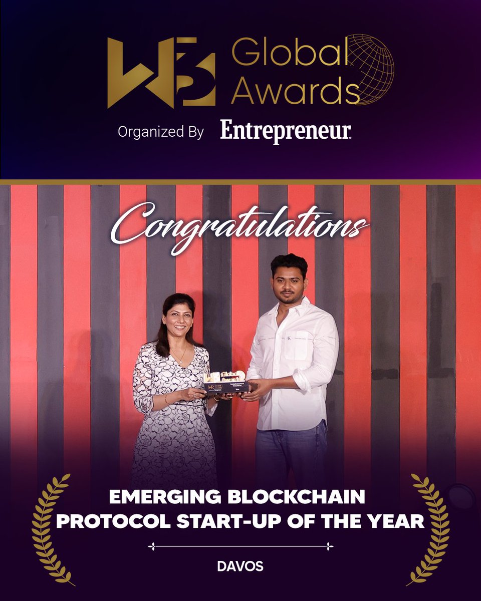 🏆 Congratulations to Davos for winning the Emerging Blockchain Protocol Start-up of The Year at the W3 Global Awards hosted by Entrepreneur India! 

Your innovative blockchain solutions are reshaping the future of decentralized technologies. 

#Davos  #W3GlobalAwards