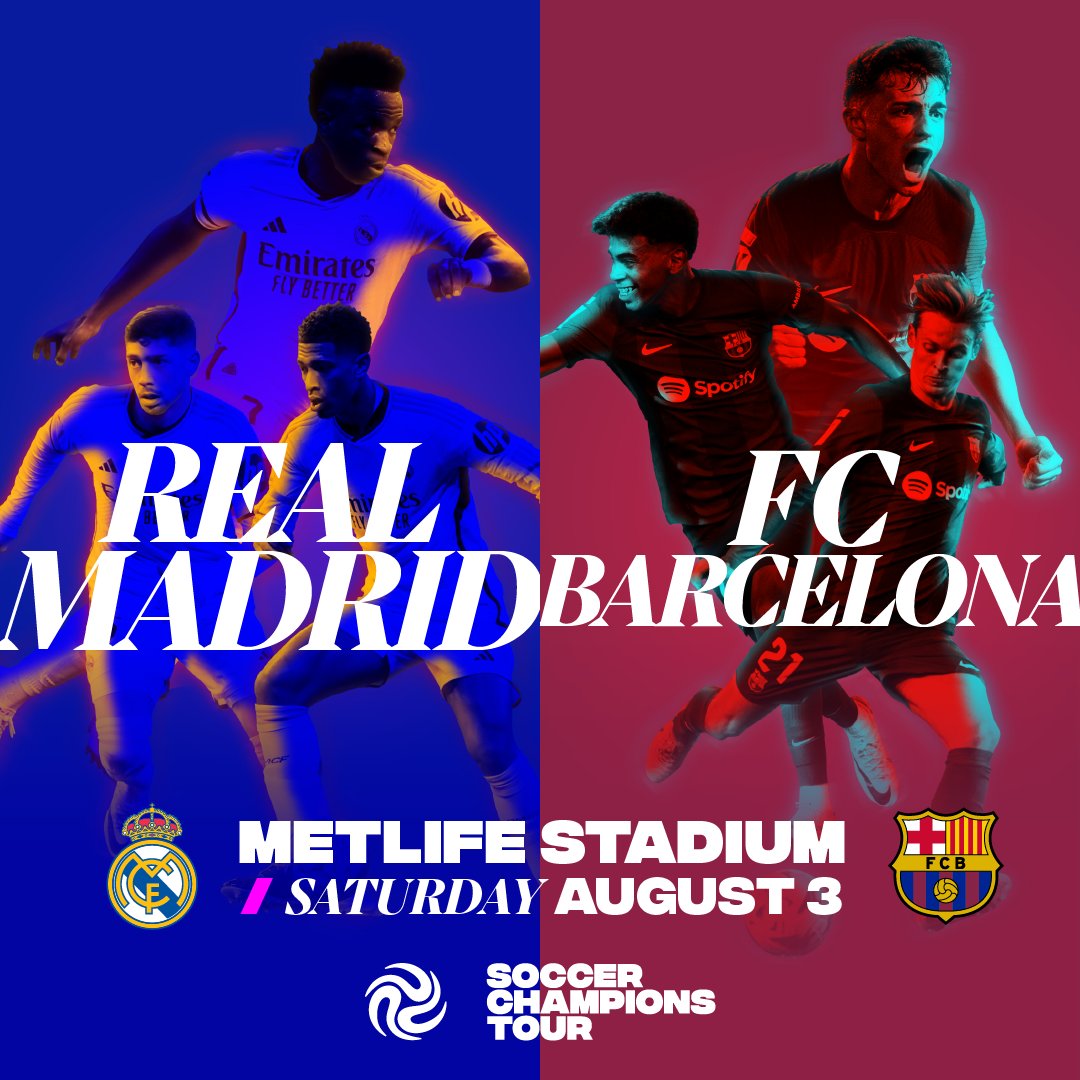 Just Announced! Spanish soccer giants FC Barcelona and Real Madrid CF will meet at MetLife Stadium on Sat., Aug. 3 as part of @thesctour ⚽ Presales start March 25, signup here: bit.ly/3x8Up3x 🎫 go on sale to the general public on Wed., March 27 #soccerchampions