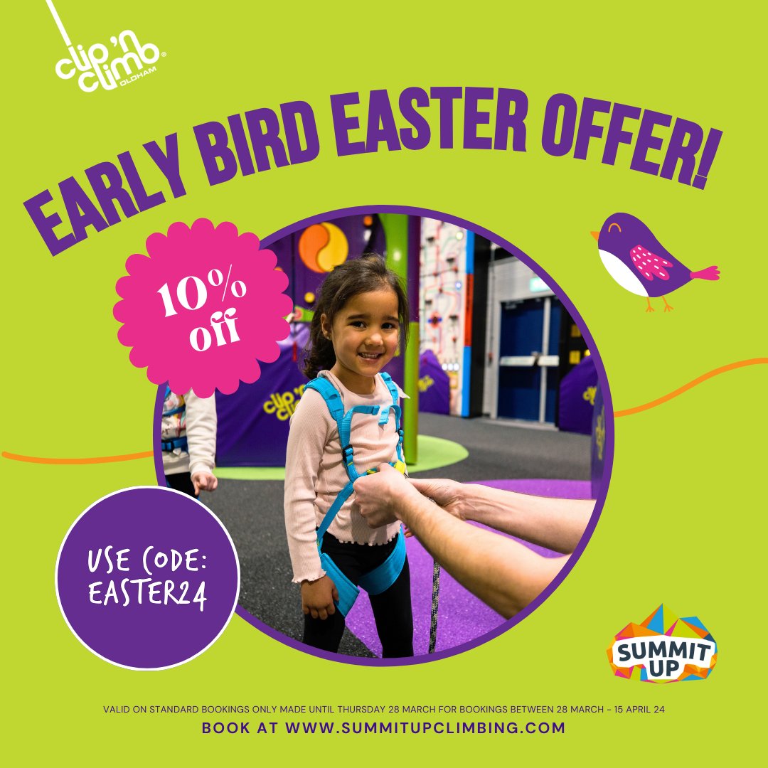 BOOK NOW and get 10% off your Easter Clip 'n Climb booking over the school holidays!! Book now using the code: EASTER24 Book by Thursday 28th March and valid for bookings between 28th March and 15th April 2025.