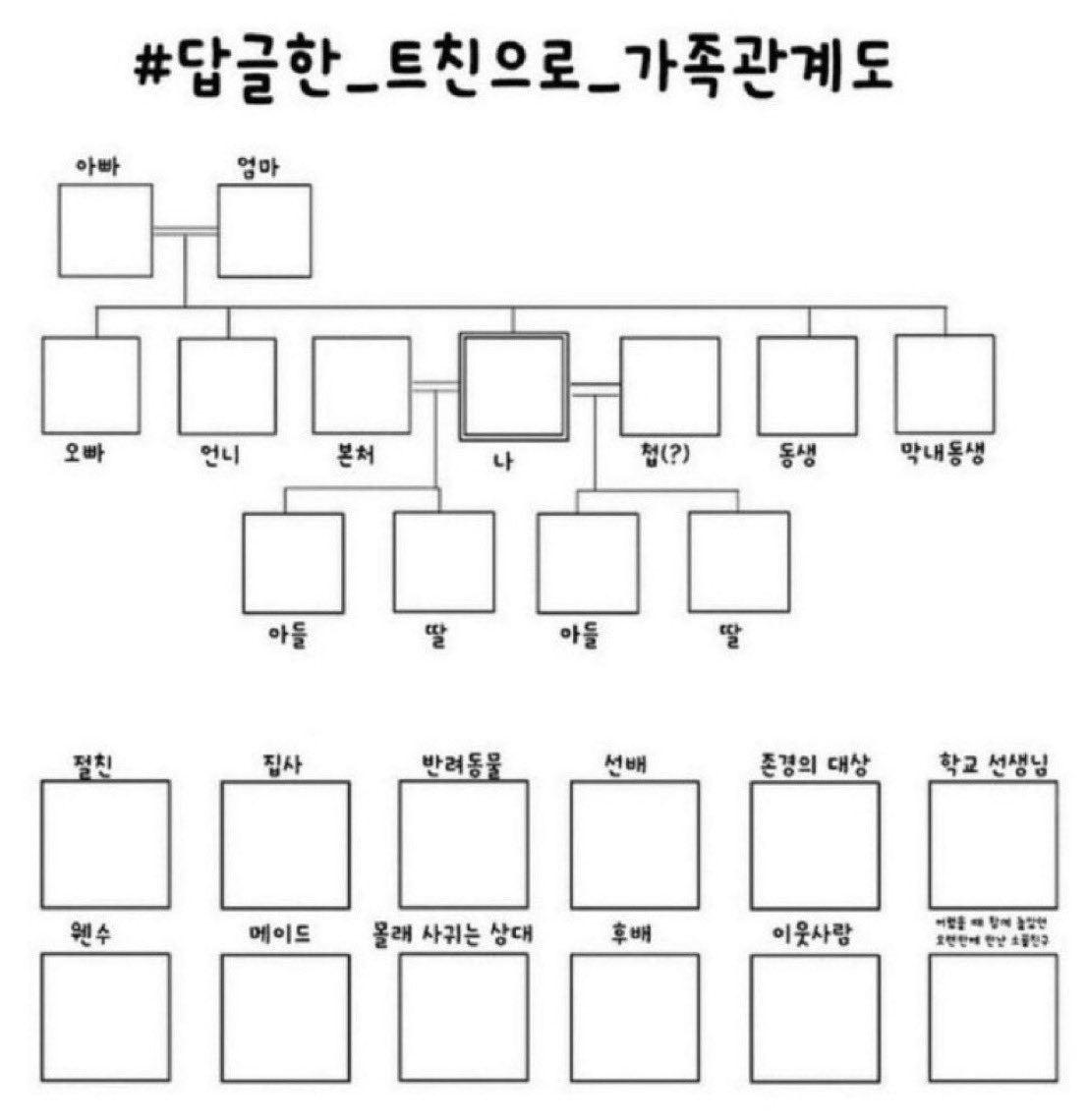 #답글한_트친으로_가족관계도
나 인장 넣는거 처음해봐여 오랜만에 왔으니까 해볼게요! 얼른 원하는 자리와 인장을 주시라요오🩷🩷