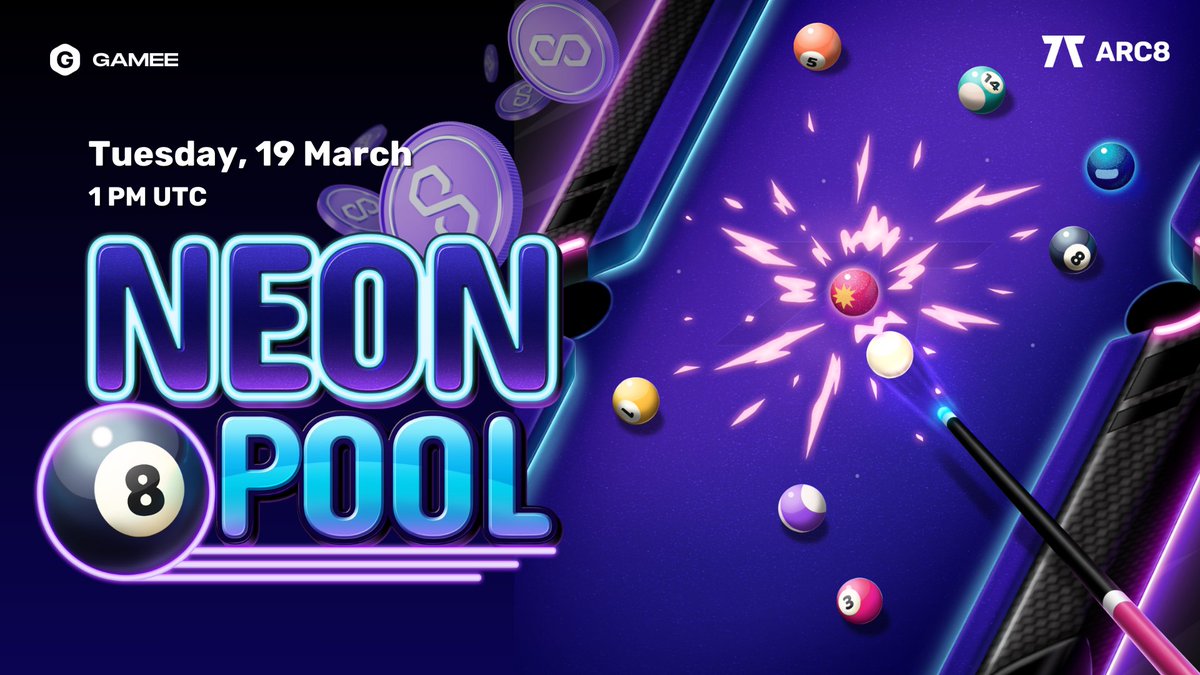 Check out our friend @ARC8App Neon Pool Official Launch Event 🎱 Arc8 App arc8game.com/getarc8 March 19th 1PM UTC - 3PM UTC PRIZES: - $2K MATIC prize pool - Win 3 games & receive $12 FREE game pass