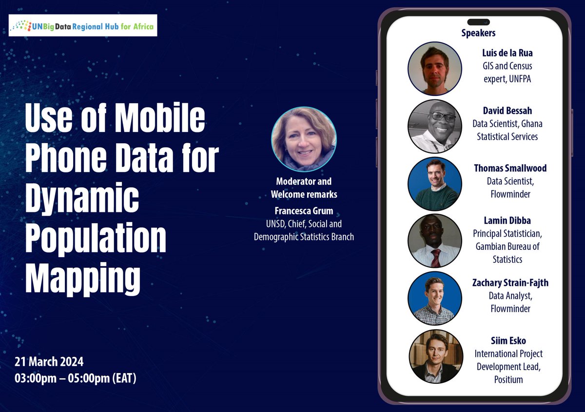 🌍📱How to use mobile phone data for dynamic population mapping? Join us on Thursday 21 March, 3-5pm EAT, for @UNBigData's webinar on the innovative use of mobile phone data for dynamic population mapping. #data4dev Register now: events.teams.microsoft.com/event/ac5e53c7…