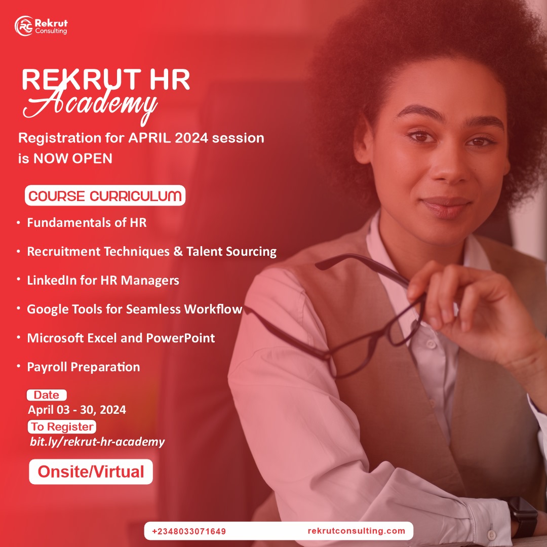 lekeoshiyemi's tweet photo. Whether you're a beginner, professional, or HR enthusiast, our April 2024 session is tailored for you. Gain practical skills and access potential job opportunities. Register for our physical or virtual training https://t.co/9qGVsOzcGB 🤝💡
#RekrutConsulting #HRNetworking https://t.co/4qip9501JV
