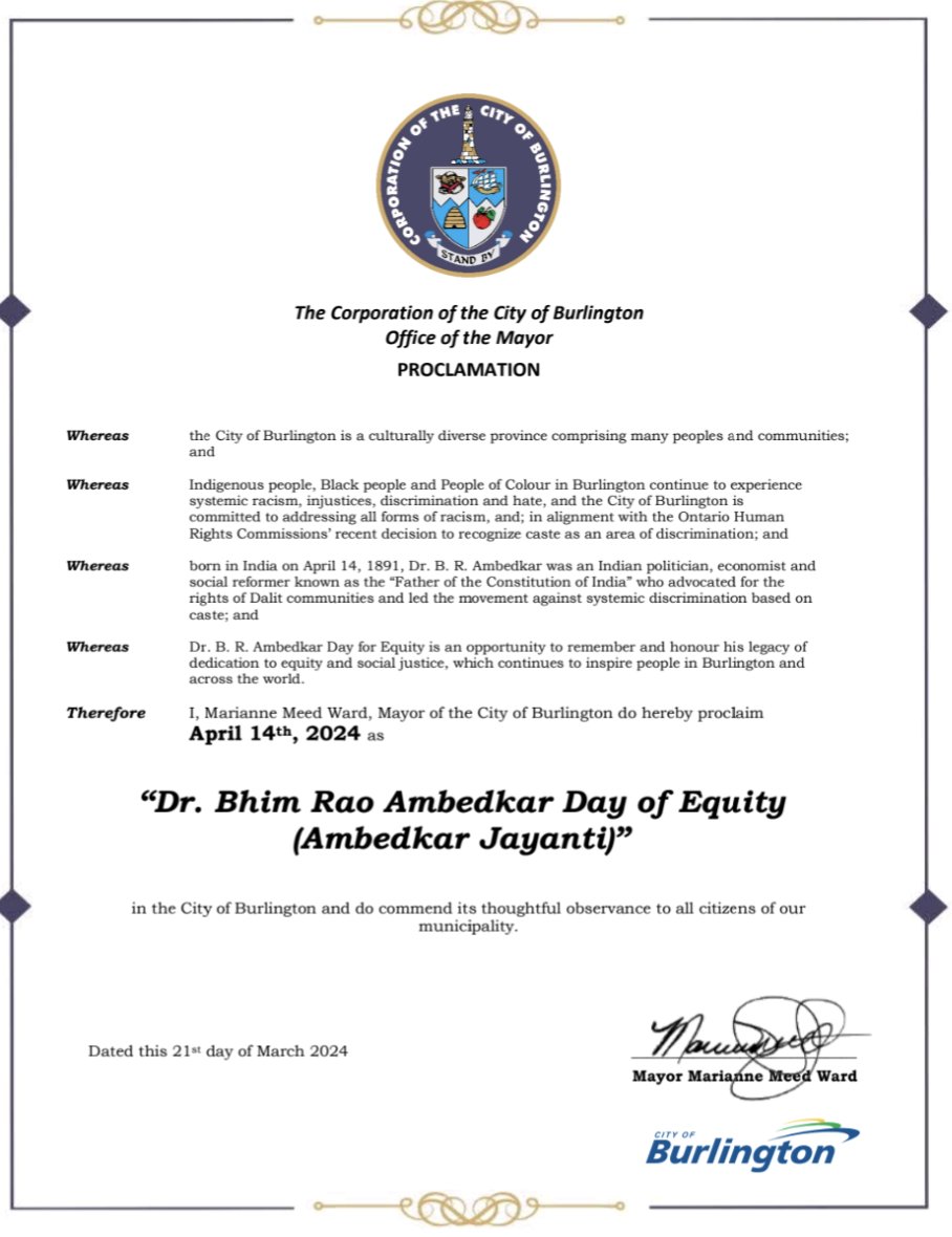 SADAN_Canada's tweet photo. Amazing news: 
City of Burlington, ON issued 2 proclamations today. 
1. April month as "Dalit History Month" 
2. April 14th as "Dr. Bhima Rao Ambedkar Day of Equity". 1st city in Ontario to take such bold step
Thanks a lot to our ally @MendingtheChasm who did this.
#JaiBhim https://t.co/QmvFqFIR5W
